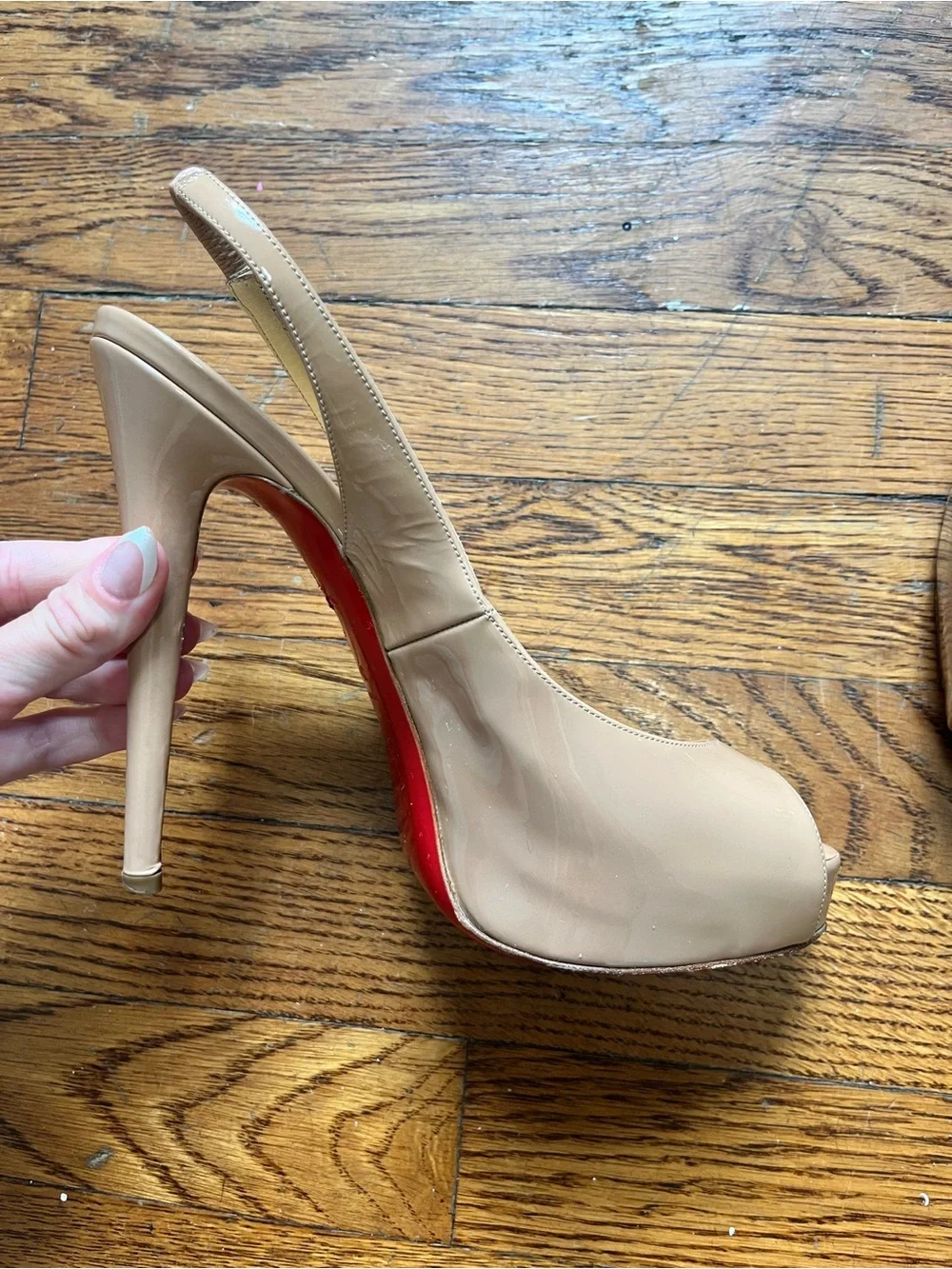Christian Louboutin Nude Patent Peep-Toe Slingback Pumps